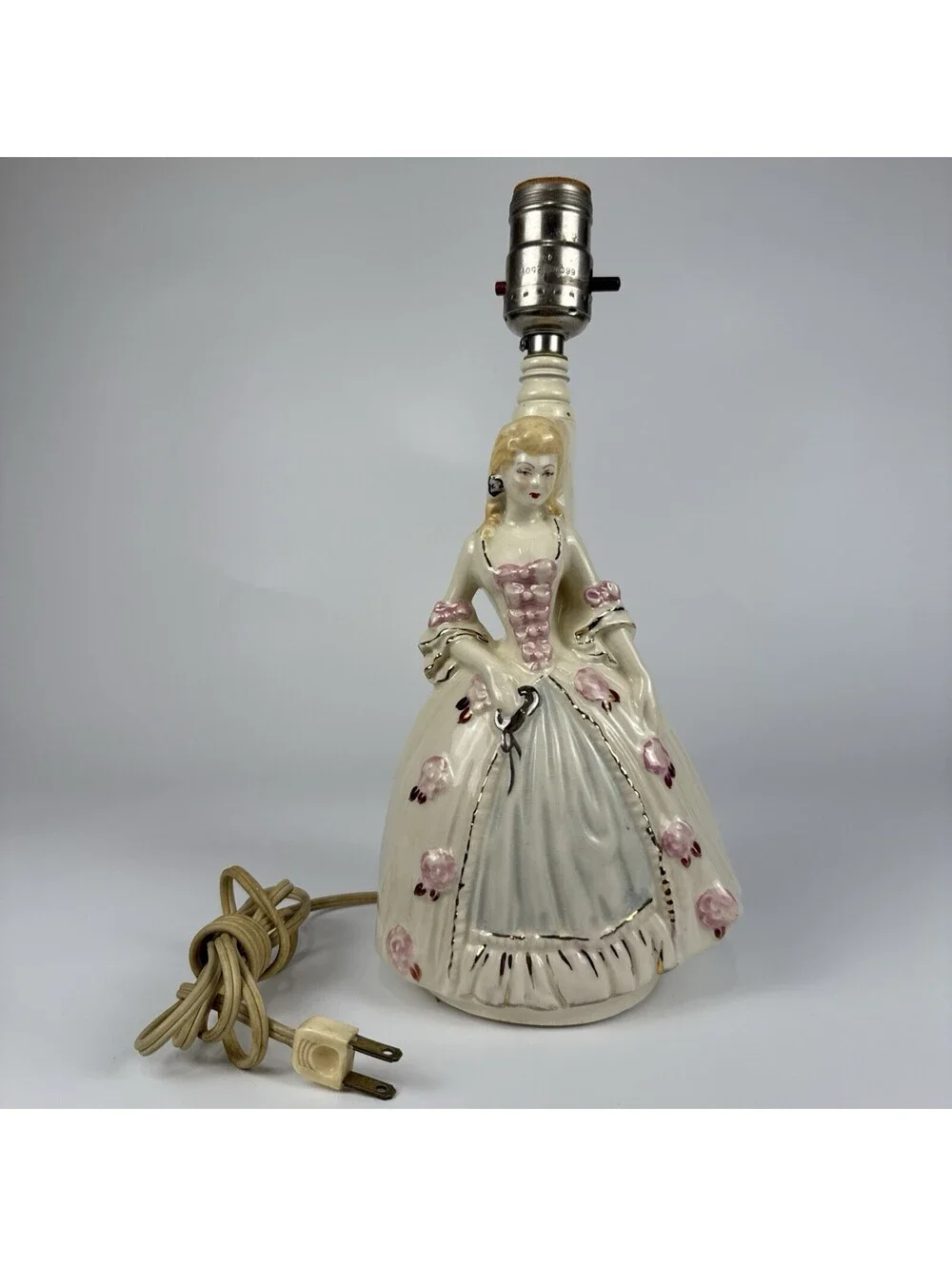 Vintage William F. B. Johnson Colonial Lady Figurine Table Lamp – Hand Decorated